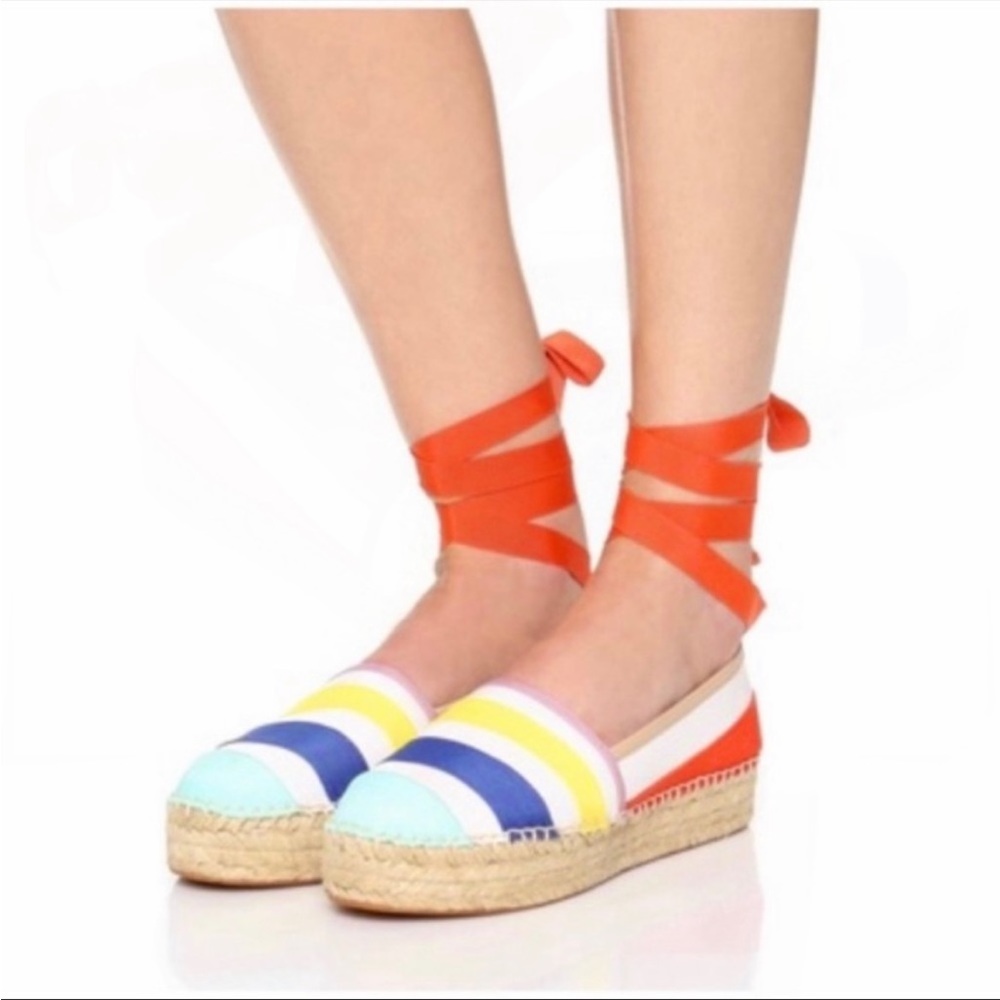 Kate Spade Leena White Napa Mint Blue Yellow Pink Grosgrain Espadrilles Size 10 - Picture 1 of 6